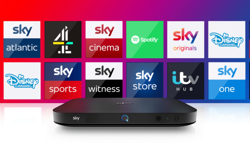 The Sky Q box with some of the channels and apps available displayed