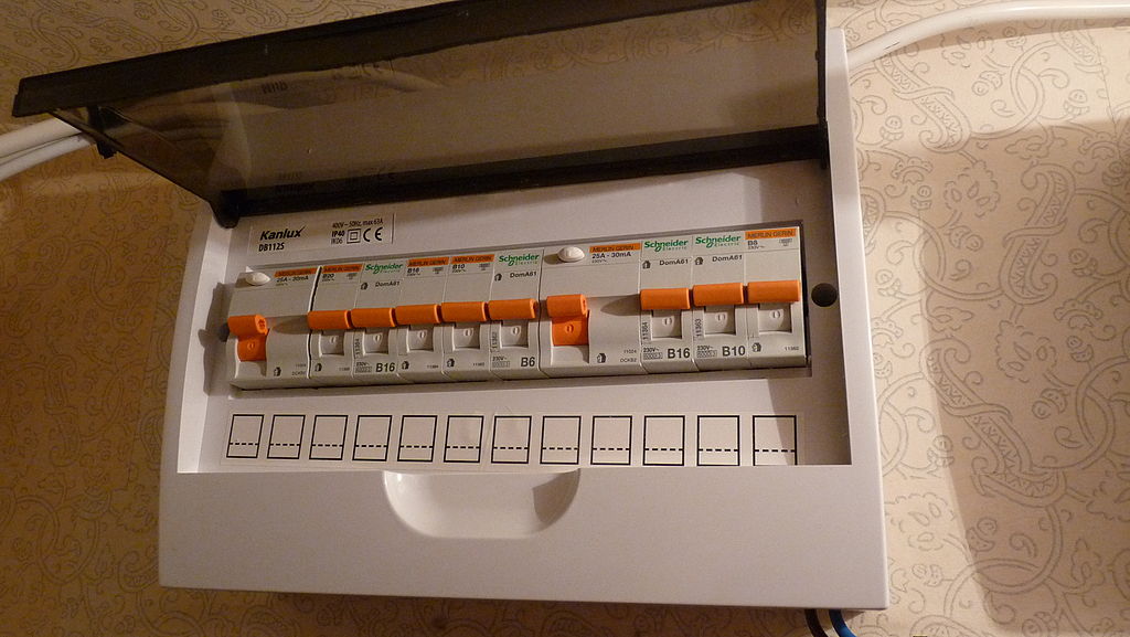 An example Uk fusebox with the switches up. You can use your fusebox to check if you are having a power cut in the UK. 