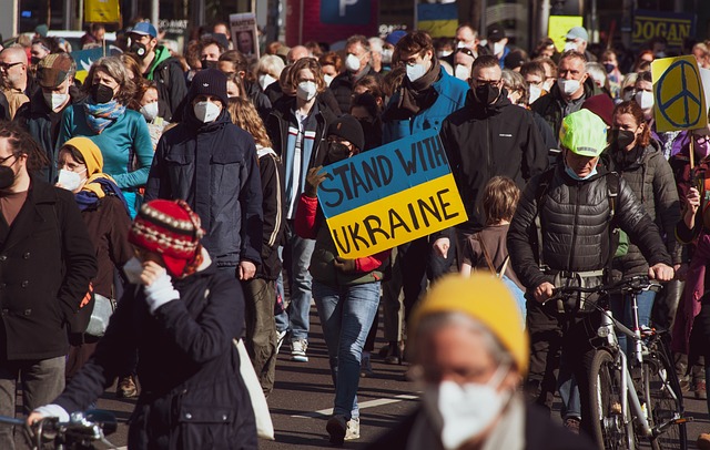 Protesters marching support of aiding the Ukraine