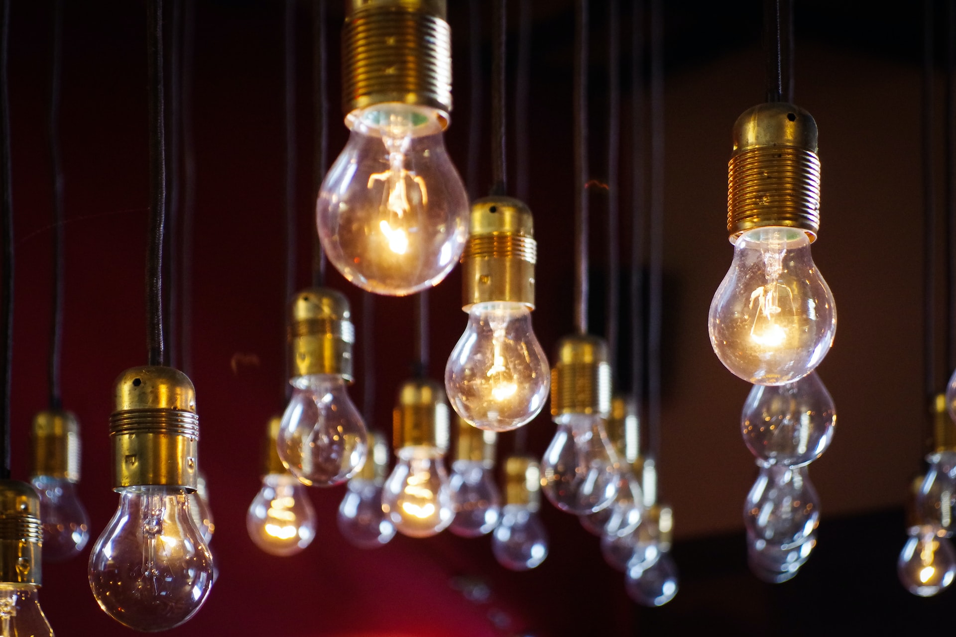 A dozen lightbulbs hanging from a ceiling