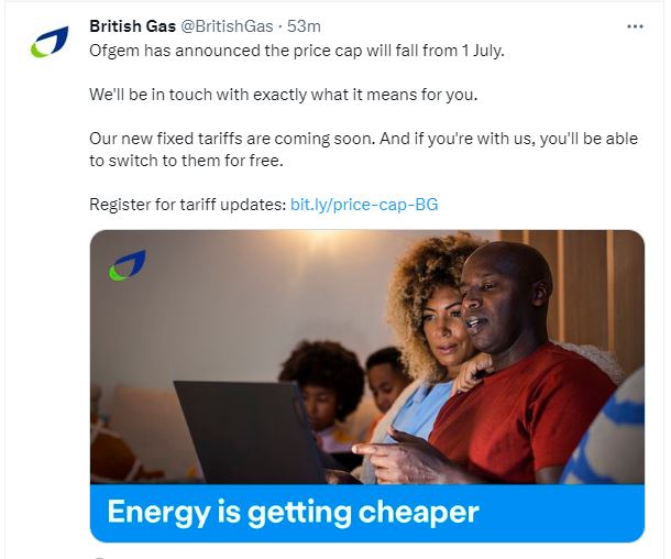 A tweet from British Gas announcing the change to the EPC and promising that 'fixed rate tariffs are coming soon'.